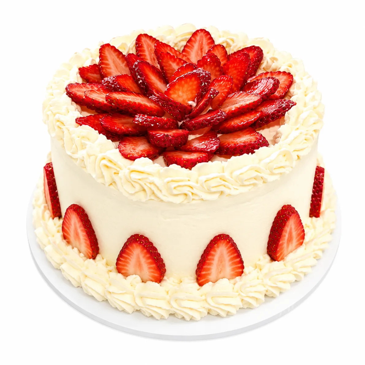 Classic white strawberry shortcake decorated with fresh sliced strawberries