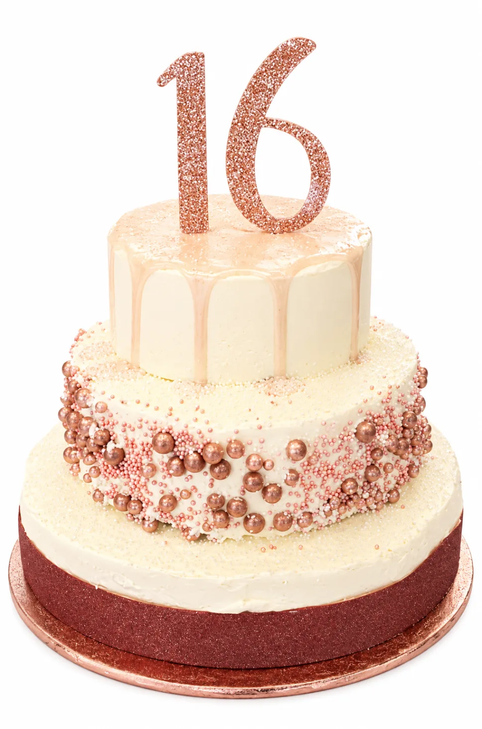 White two tier sweet 16 cake with rose gold drip and glitter topper