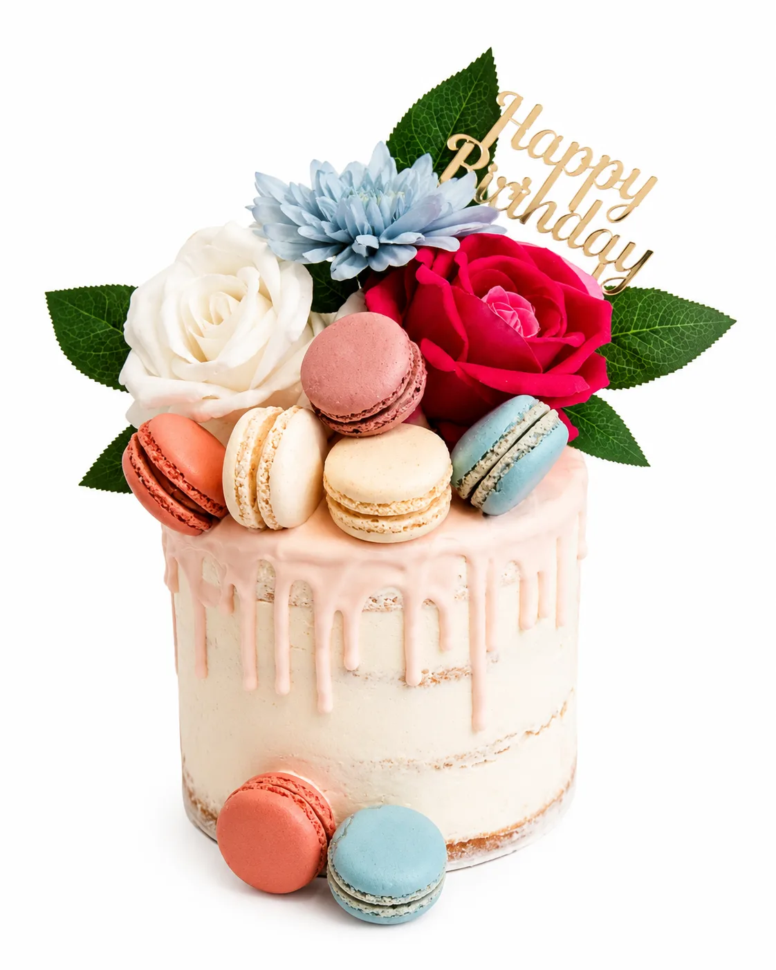 Elegant drip cake with macarons fresh flowers and blush icing