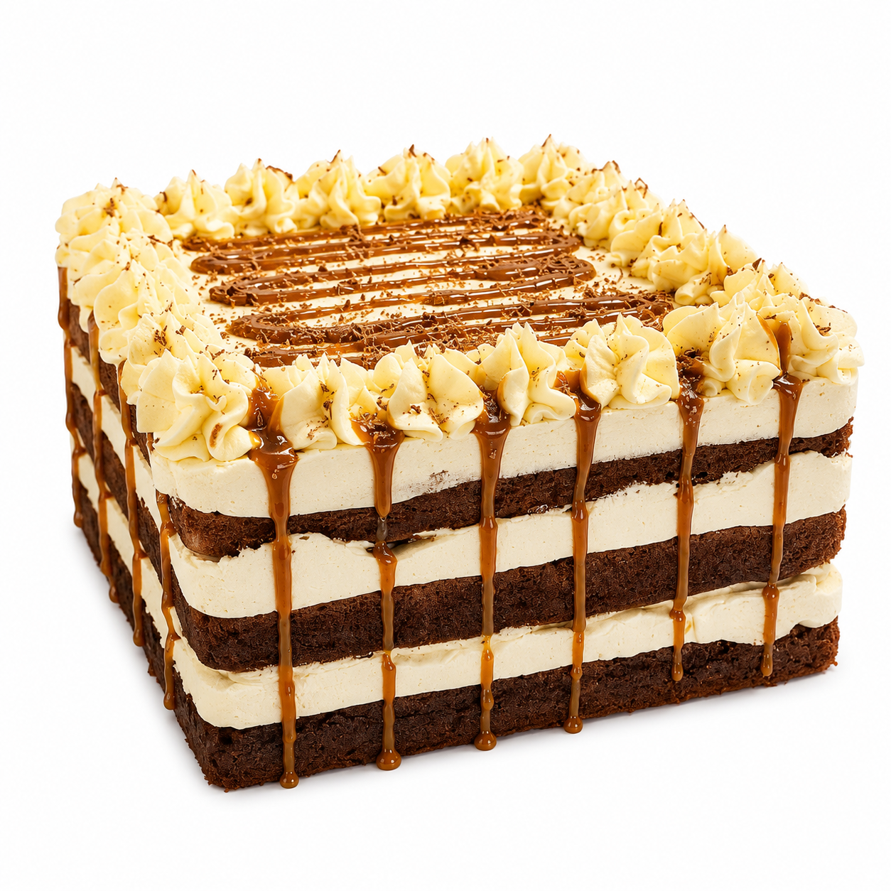 Layered rectangular tiramisu style slab cake with caramel drizzle and piped cream