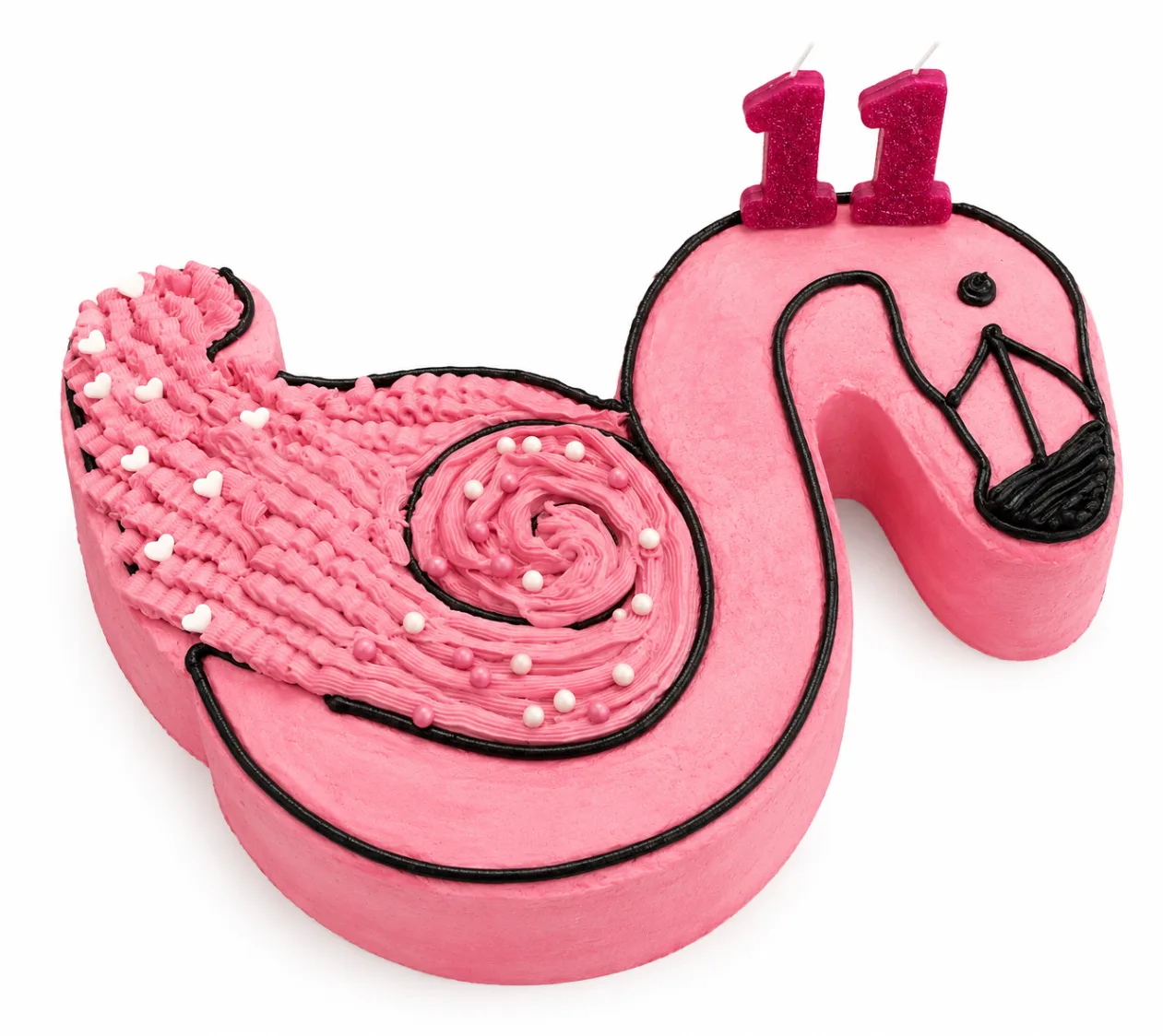 Pink flamingo shaped number birthday cake with glitter candles