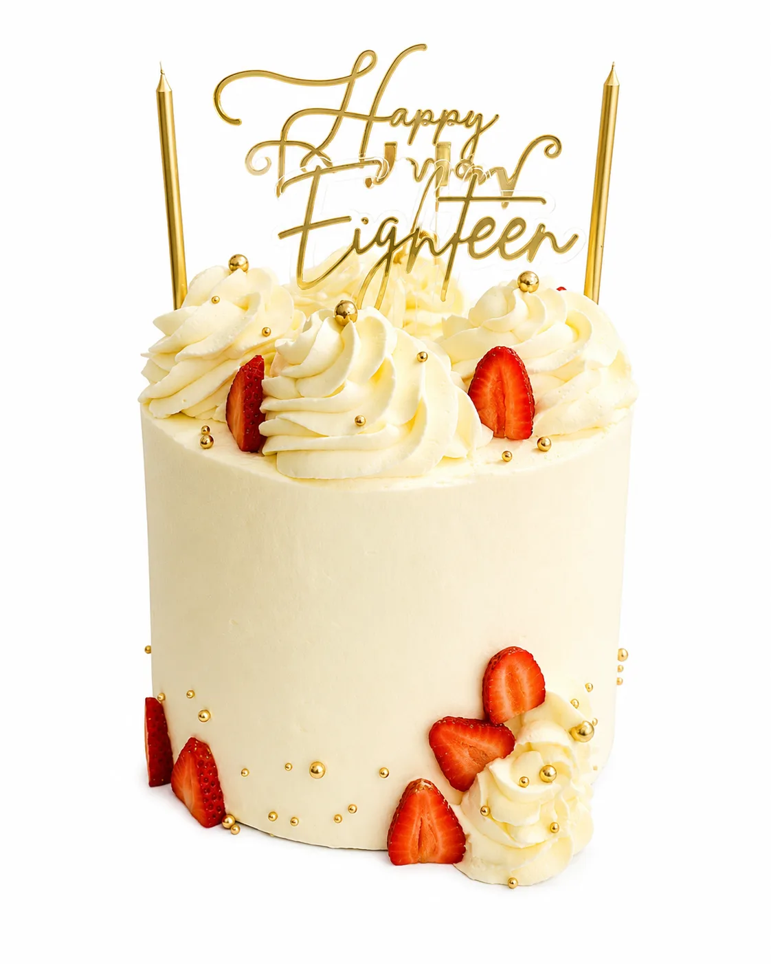 White 18th birthday cake with strawberries gold pearls and script topper