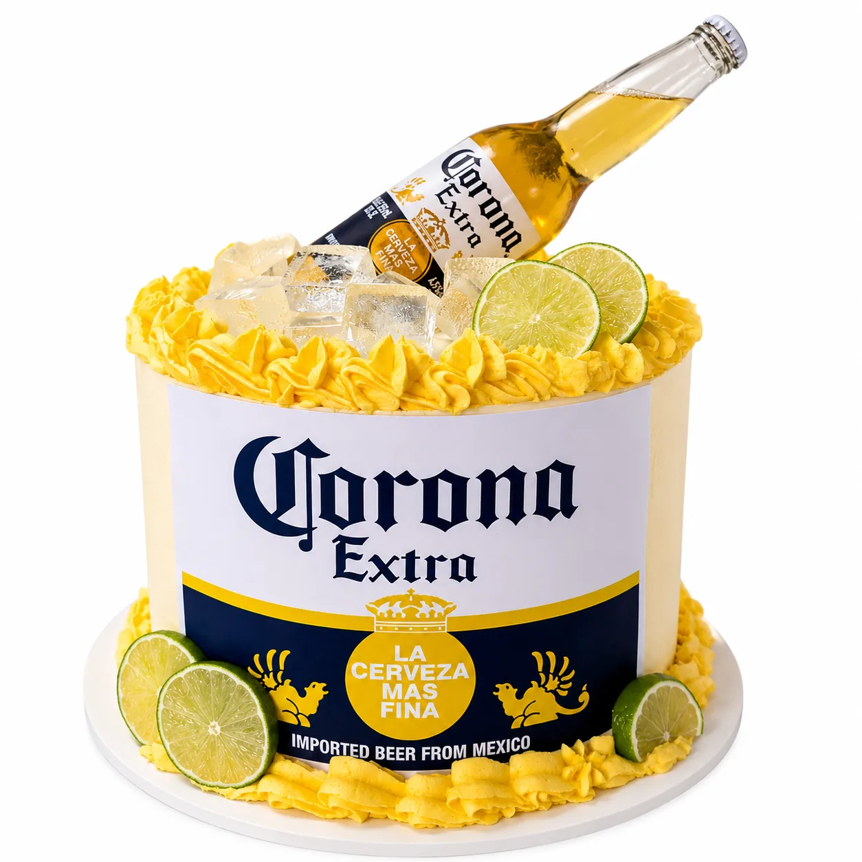 Corona themed novelty cake with lime slices bottle topper and yellow buttercream