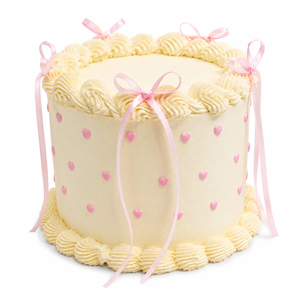 Elegant ivory vintage heart cake with pink bows and piped borders