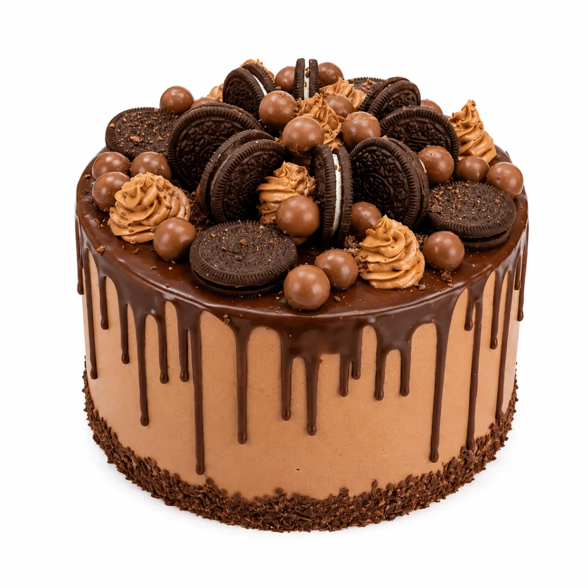 Chocolate drip cake topped with sandwich cookies and chocolate malt balls