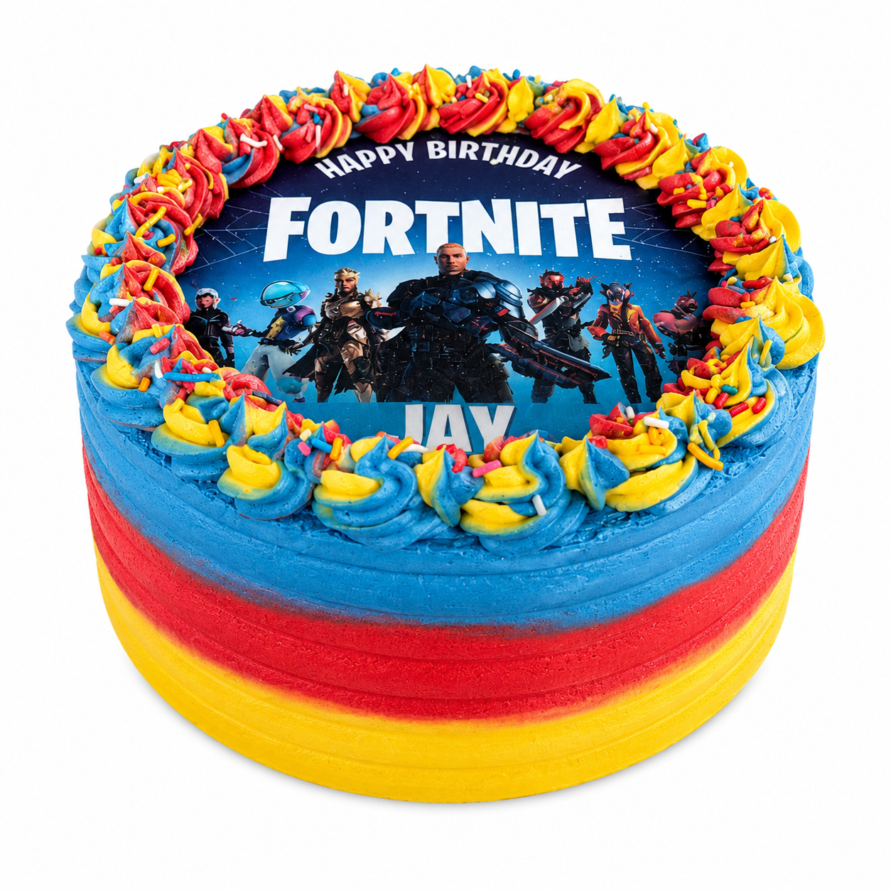 Fortnite birthday cake with bold blue red and yellow buttercream bands